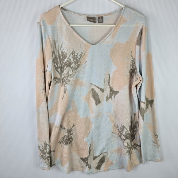 Chico's Womens Pullover Muted FloralKnit V-Neck Sweater LongSleeve Peach/Turq 2 - Picture 1 of 9